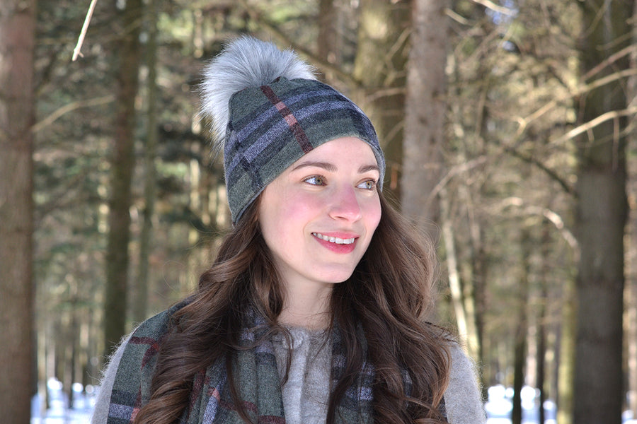 Plaid Knit Toque w/ Faux Pom Green